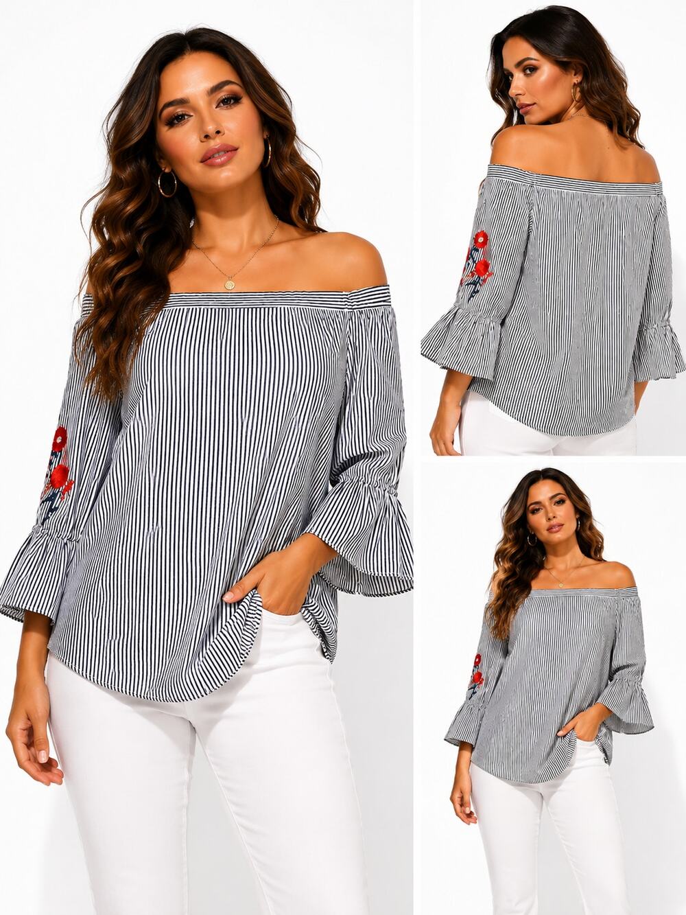 Roommates Blouse Womens 1X Black White Striped Off Shoulder Embroidered Ruffle